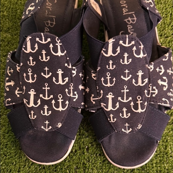 Coral Bay Navy Anchor Print Women's Sandals, Stretchy Slip On , Navy Size 8 - Picture 2 of 9